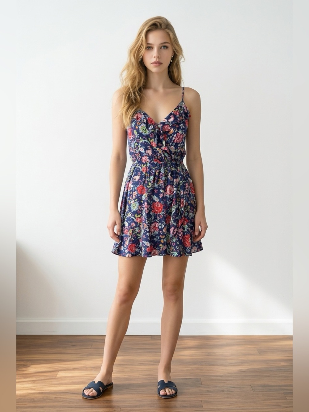 Navy Floral Spaghetti-Strap Ruffled Mini Dress